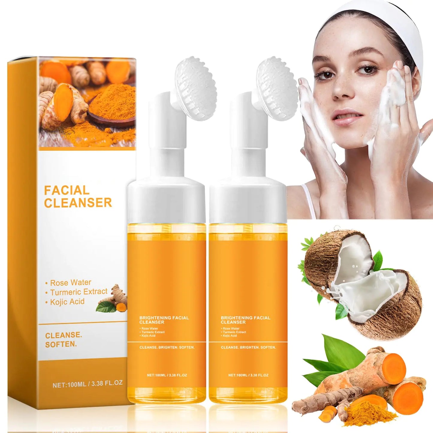 MAROJEIF Turmeric Facial Cleanser Turmeric Face Wash Turmeric Foaming Facial Cleanser Turmeric Facial Wash Turmeric Foaming Cleanser for All Skin Deep Cleaning (2pcs)